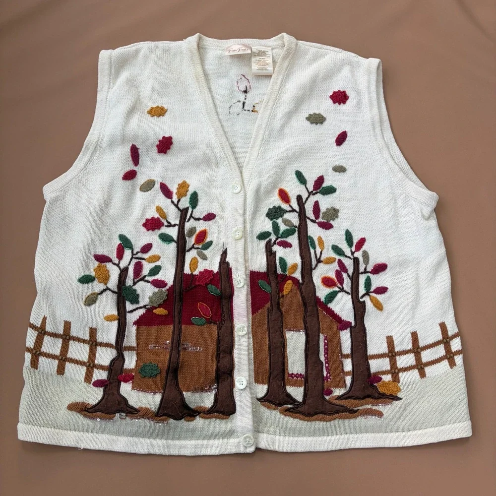 Bobbie Brooks Woman‎ Sweater Vest 22W 24W Autumn Fall Scene Embroidered Buttons